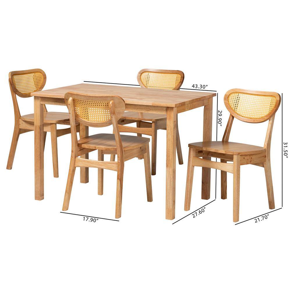 Mid-Century Oak Brown Wood and Rattan 5-Piece Dining Set