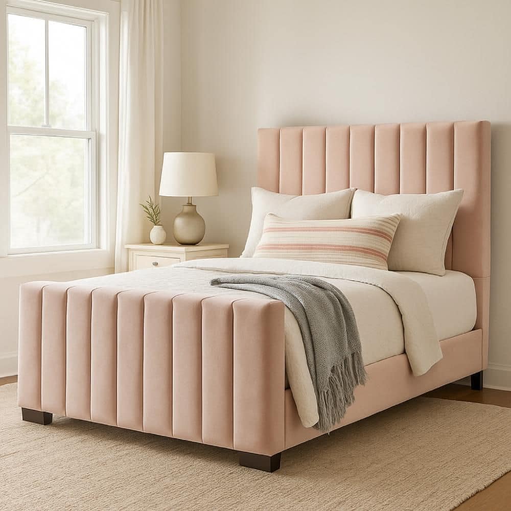 Eva Pink Wood Frame King Panel Bed with Upholstered Headboard price history on PriceWatchPro