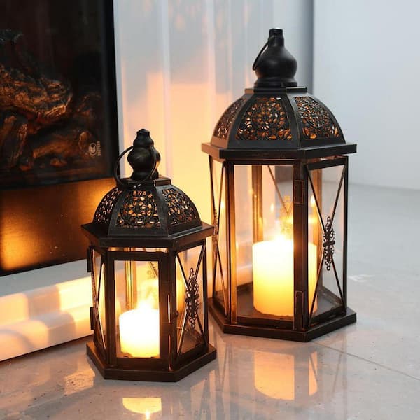 14.9 in. x 7.3 in. Black Metal Vintage Lantern without Candle, Set