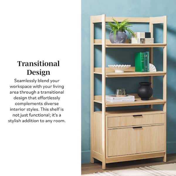 Modern 70 in. Tall Coastal Oak Wood 4-Shelf Bookcase with Reeded Drawer Fronts and Open Back