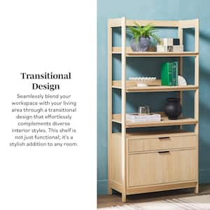 Modern 70 in. Tall Coastal Oak Wood 4-Shelf Bookcase with Reeded Drawer Fronts and Open Back