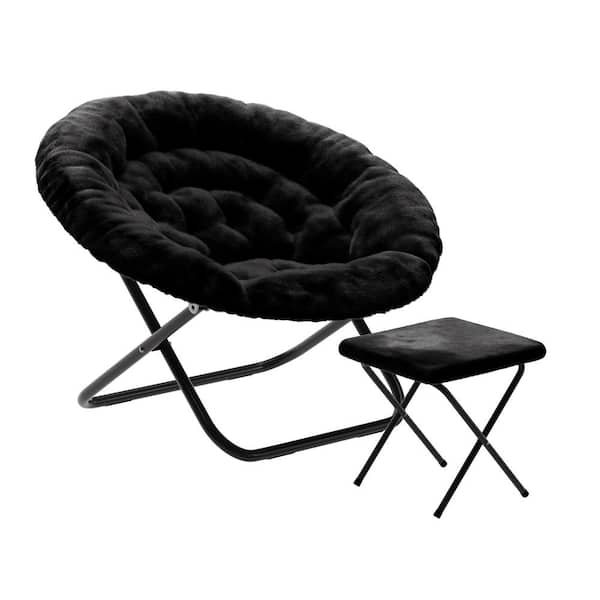 Carnegy Avenue Gwen 38 in. Oversize Faux Fur Folding Saucer Moon Side Chair with Folding Ottoman Black Faux Fur/Black Frame