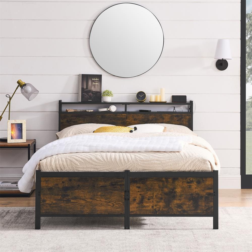 Black Iron Frame Full Platform Bed with a USB Charging Port