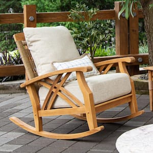 Carmel Teak Wood Outdoor Rocking Chair with Tan Cushion