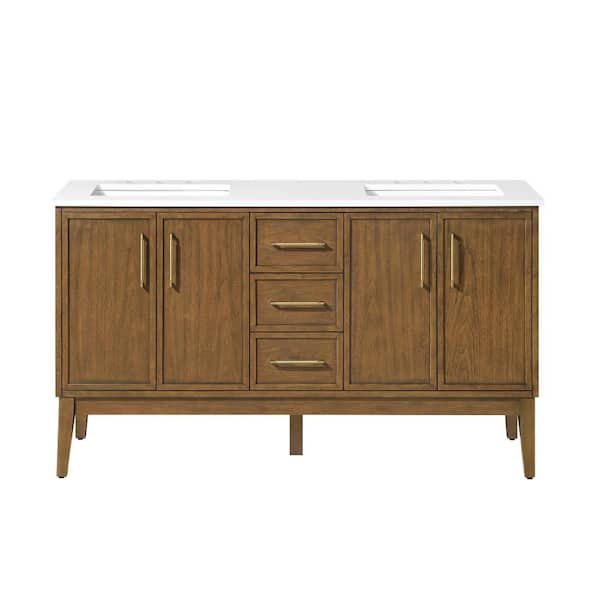 Kira 60 in. Double Sink Freestanding Warm Walnut Bath Vanity with White Engineered Stone Top