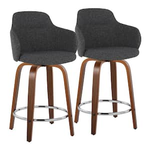 Boyne 24 in. Dark Grey Fabric, Walnut Wood and Chrome Metal Fixed-Height Counter Stool (Set of 2)