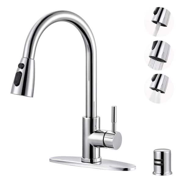 WOWOW Stainless Steel Single Handle Pull Down Sprayer Kitchen Faucet with Air Gap Kits 2 or 4 Hole in Polished Chrome