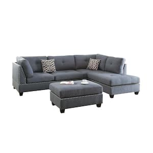 3-Piece Blue Gray Polyfiber Upholstery Symmetrical Sectionals with Nail head Trim
