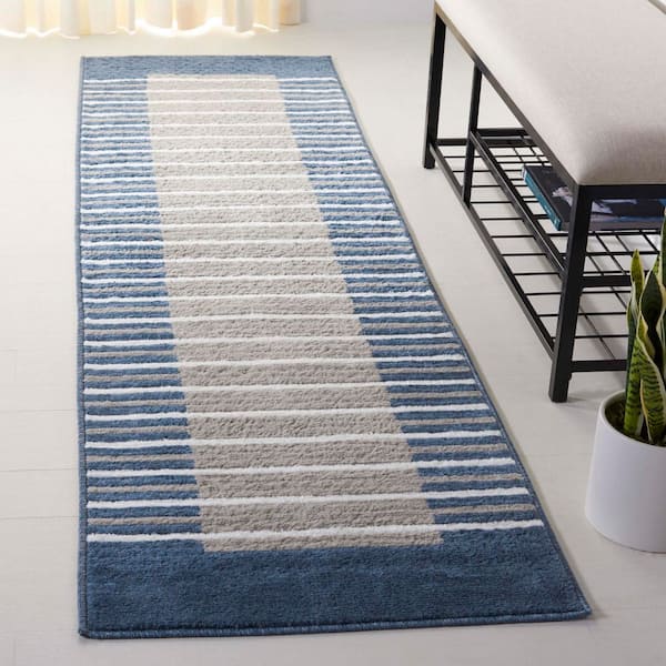Pyramid 2 ft. x 8 ft. Gray/Ivory Navy Border Striped Solid Runner Rug