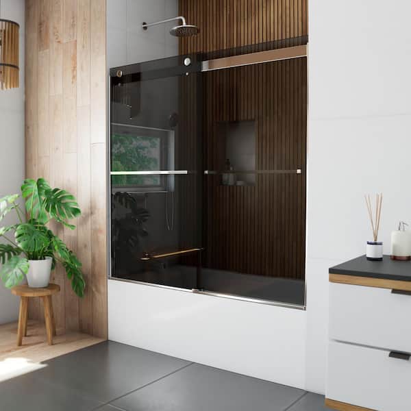 DreamLine Sapphire 56 in. to 60 in. W x 60 in. H Sliding Semi Frameless Tub Door in Chrome with Gray Glass
