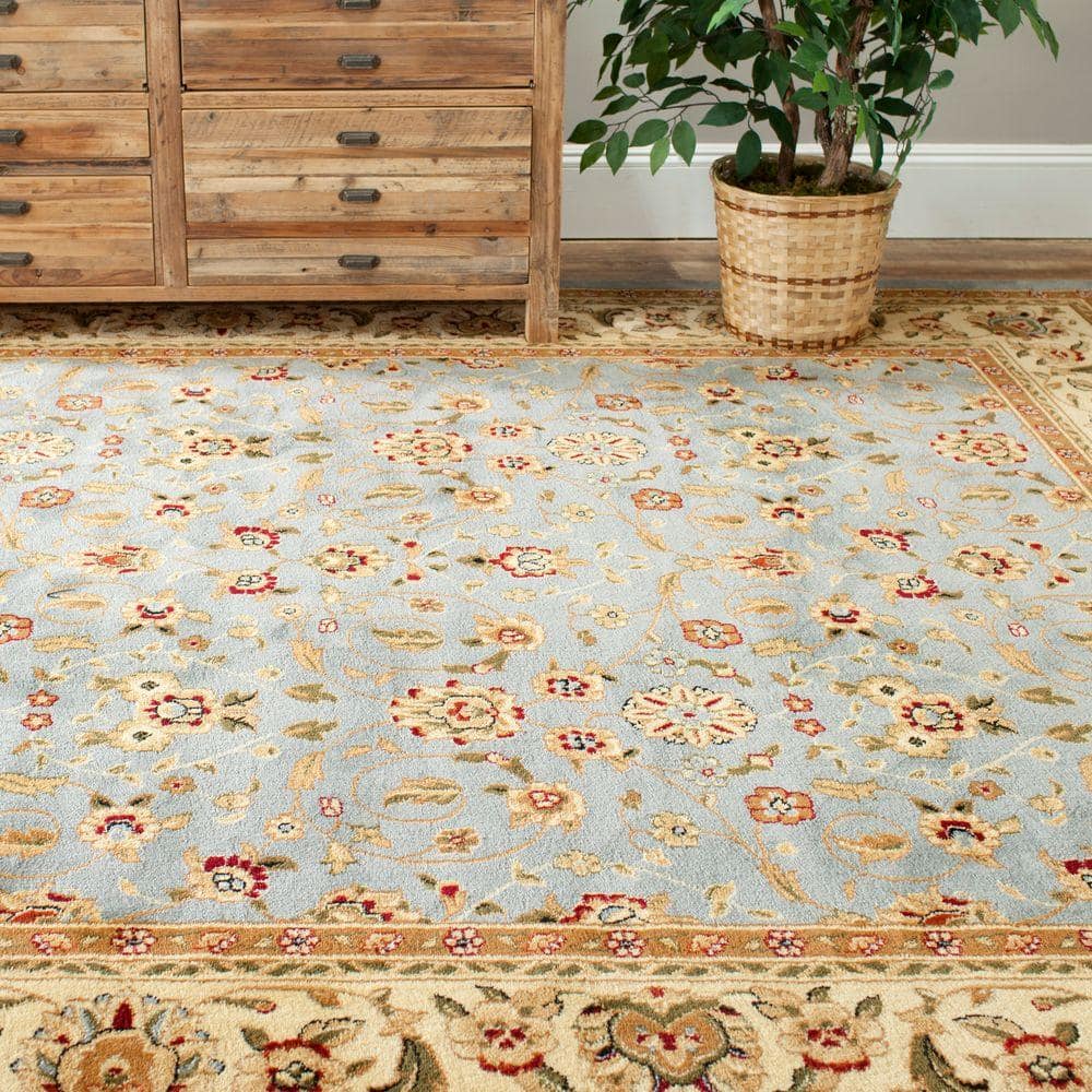 Ivory and Light Blue Hand-Knotted Rectangular Area Rug