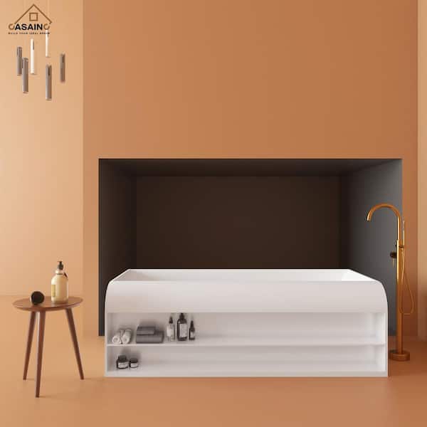 CASAINC (GIFT) 69 in.x 35.6 in. Stone Resin Flatbottom Solid Surface Freestanding Soaking Bathtub in White with 2-Layers Storage