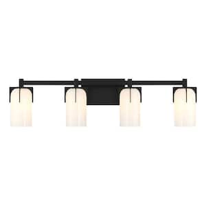 Caldwell 32 in. 4-Light Matte Black Bathroom Vanity Light with Etched White Opal Glass Shades