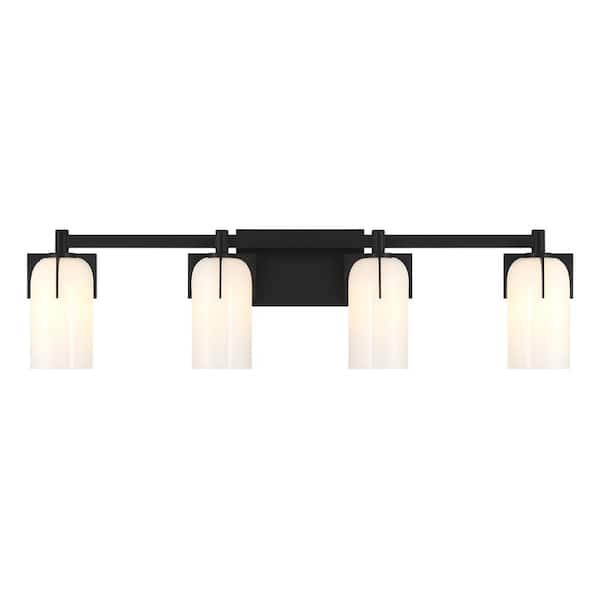 Savoy House Caldwell 32 in. 4-Light Matte Black Bathroom Vanity Light with Etched White Opal Glass Shades