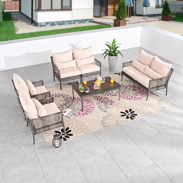 Patio Festival 7-Piece Wicker Outdoor Conversation Set with Beige Cushions