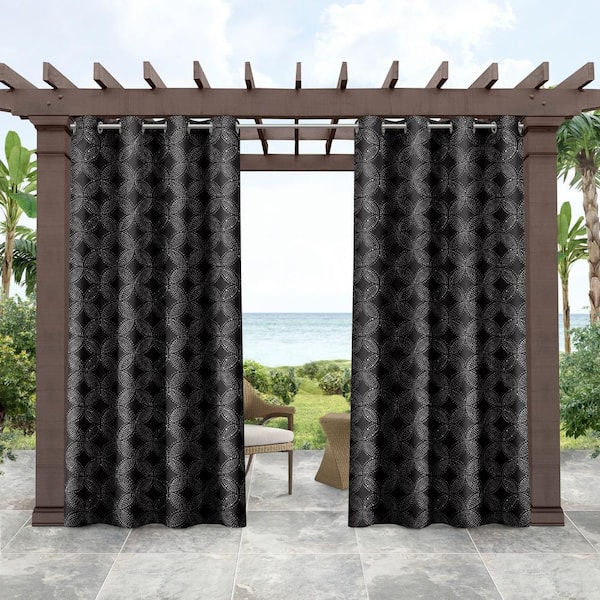 Tommy Bahama Island Tile Charcoal Geometric Light Filtering Grommet Top Indoor/Outdoor Curtain, 54 in. W x 96 in. L (Set of 2)