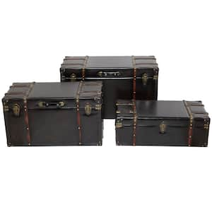 18.45 in x 32.35 in Dark Brown Faux Leather Studded Trunk with Latches and Handles (Set of 3)