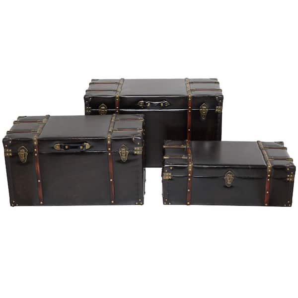 Litton Lane 19 in x 32 in Dark Brown Faux Leather Studded Trunk with Latches and Handles (Set of 3)