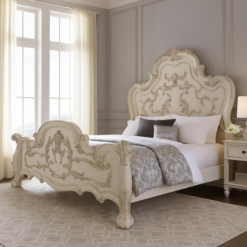Ally California Bone White and Silver Composite Wood Frame King Platform Bed