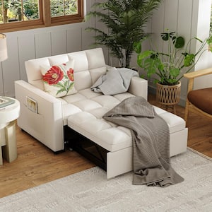 64.9 in. W Beige Cotton Twin Size Convertible Sofa Bed Pull out Sleeper, Loveseat With Adjustable Backrest, Square Arms