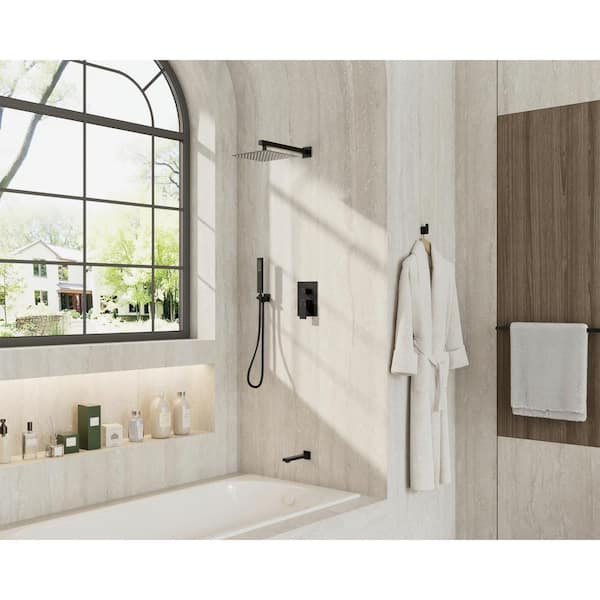 3-Spray 10 in. Wall Mount Dual Shower Head and Handheld Shower Tub Shower Set in Matte Black (Valve Included)