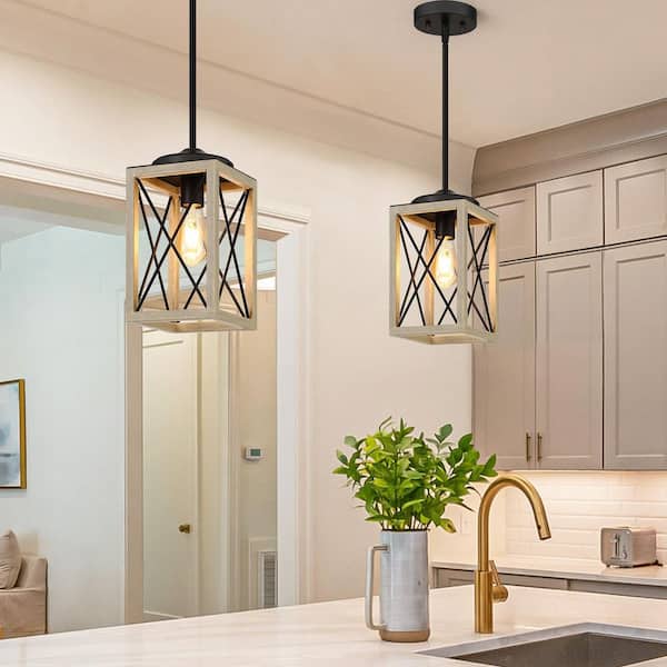 60-Watt 1-Light Farmhouse Pendant Light with Cream Wooden Grain Finish Shade, No Bulbs Included