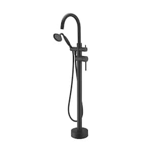 1-Handle Free Standing Floor Mount Tub Faucet Bathtub Filler with Hand Shower in Matte Black