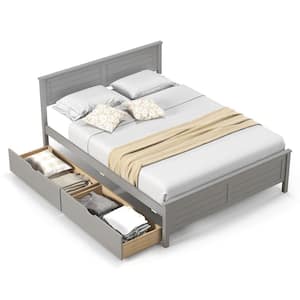 Gray Wooden Frame Full Platform Bed with 2-Storage Drawers and Under-bed Storage