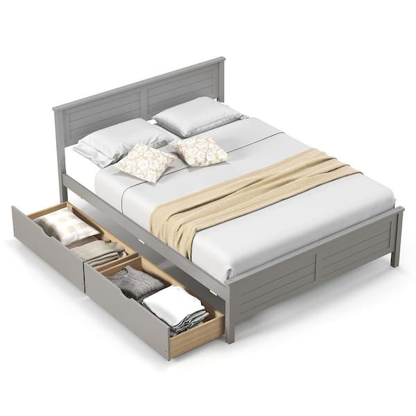 Gymax Gray Wooden Frame Full Platform Bed with 2-Storage Drawers and Under-bed Storage