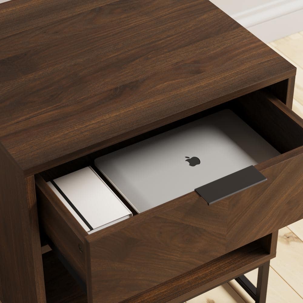 Kensi Rustic Walnut and Black 2-Drawer Nightstand with Matte Metal Base