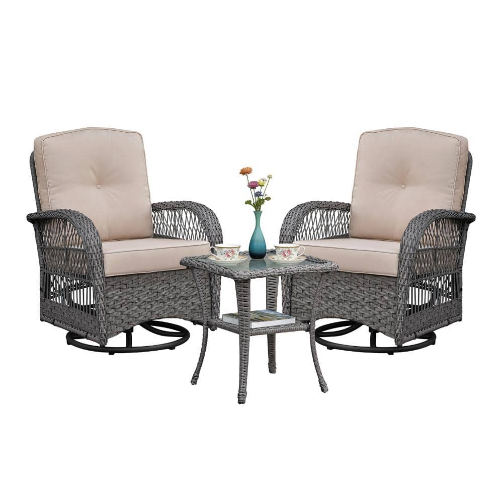 3-Piece Conversation Set, Outdoor Wicker Rocker Swivel Patio Bistro Set with Glass Top Side Table for Porch, Gray price history on PriceWatchPro