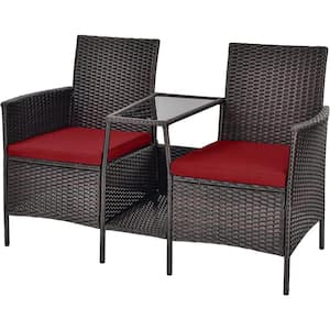 1-Piece Rattan Wicker Patio Conversation Loveseat Set with Red Cushions and Glass Table