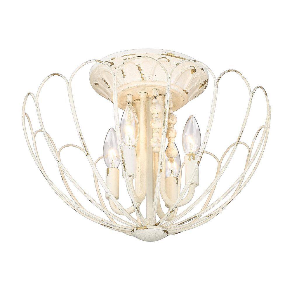 Vintage White 4-Light Semi-Flush Mount with Wood Beads