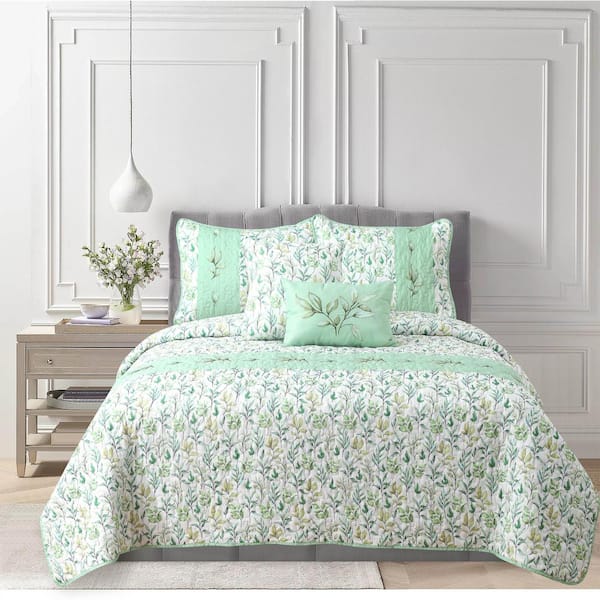 Watercolor Leaves Microfiber Green 5-Piece Quilt Set Full/Queen