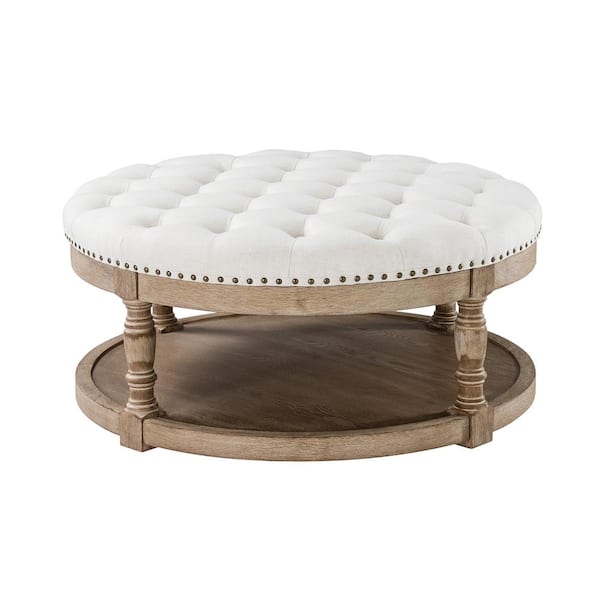 JAYDEN CREATION Enipeus Transitional Ivory Polyester Storage Button-tufted Round Small Ottoman with Solid Wood Legs and Nailhead Trim