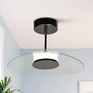 14.2 in. 12-Watt 1-Light Modern Plated Black Nickel Integrated LED Semi-flush Mount Light with Dome Clear Glass Shade