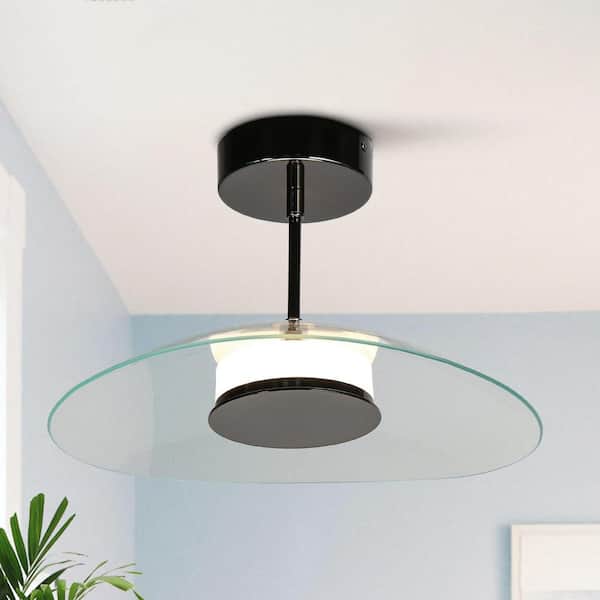 LNC 14.2 in. 12-Watt 1-Light Modern Plated Black Nickel Integrated LED Semi-flush Mount Light with Dome Clear Glass Shade