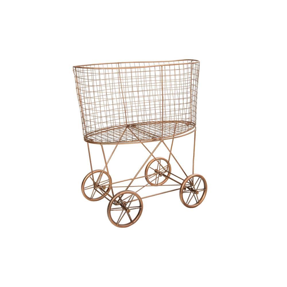 Bronze Metal Vintage Rolling Laundry Basket with Wheels