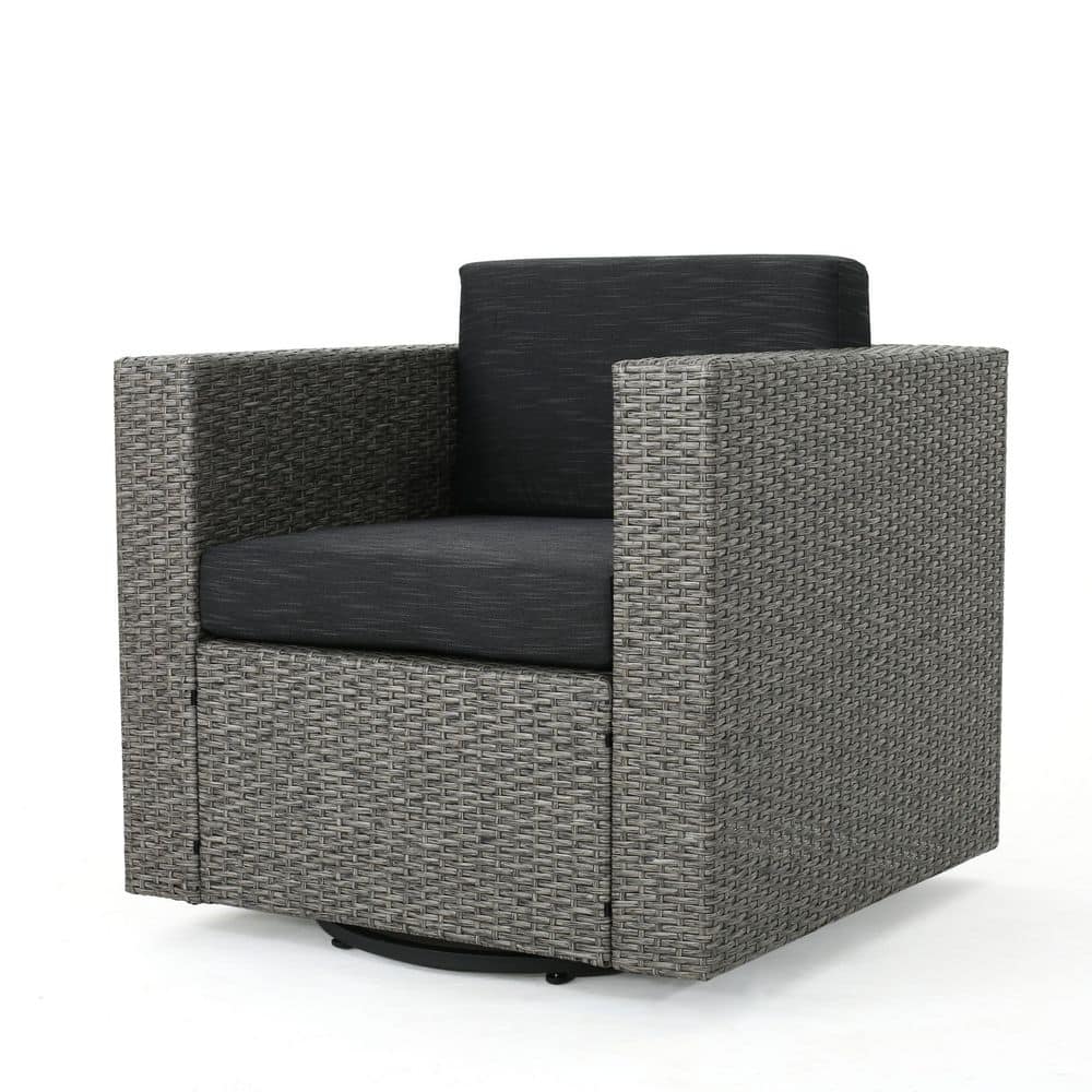 Dark Gray Single Swivel Wicker Outdoor Lounge Chair with Black Cushion for 