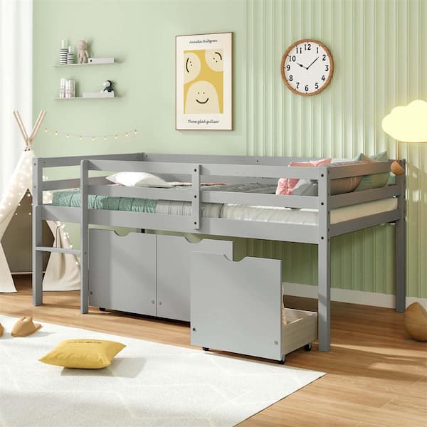 Gray Twin Size Low Loft Bed with 3-Drawers Ladder and Full-Length Guardrails Storage