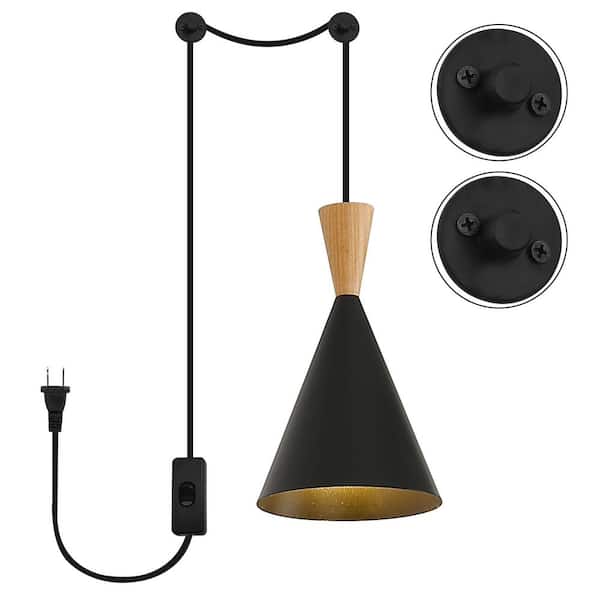 6.34 in. 1 Light Plug in Pendant Light with Black Shade and Switch, Industrial Adjustable Height Wooden Chandelier