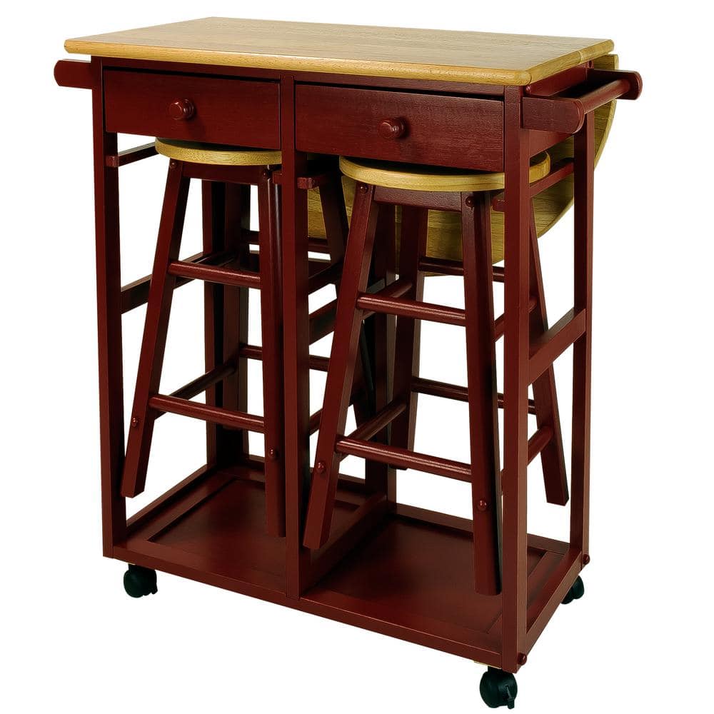 Round Red Butcher Block Kitchen Cart with Drop-Leaf and Storage