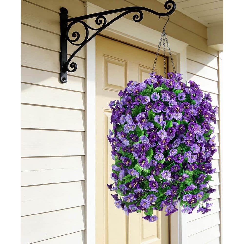 25 in. Purple Outdoor Hanging Artificial Petunia in Brown Basket