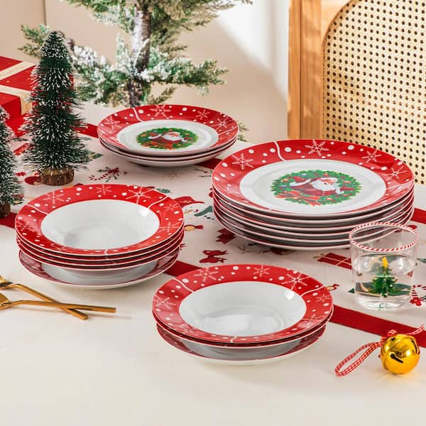 VEWEET 18 Piece Porcelain Santa Claus Red Dinnerware Set for