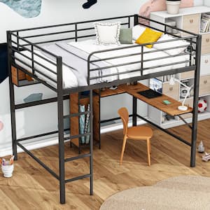 Black and Brown Full Size Metal Loft Bed with Ample Shelves, L-Shaped Desk and Open Locker