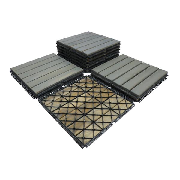 Unbranded 12 in. Light Gray Square Acacia Wood Interlocking Flooring Tiles Checker Pattern Pack of 10 Tiles