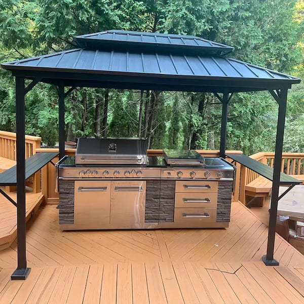 6.5 ft. x 10 ft. Hardtop Grill Gazebo for Patio Aluminum Barbecue Shelter Gazebo w/ Hooks and Shelves Double Tiered Grey