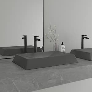 Concrete Rectangular Bathroom Vessel Sink Art Basin in Black Earth with X-Diversion Line and The Same Color Drainer