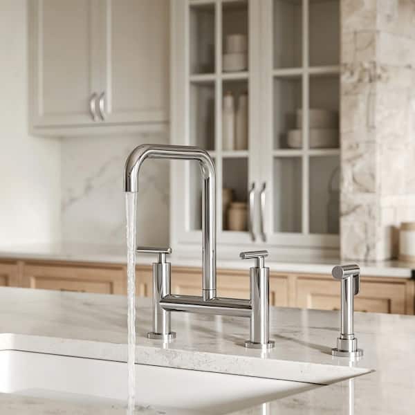 13 in. Height 2-Handle Bridge Kitchen Faucet with Side Spray, 360° Swivel in Chrome