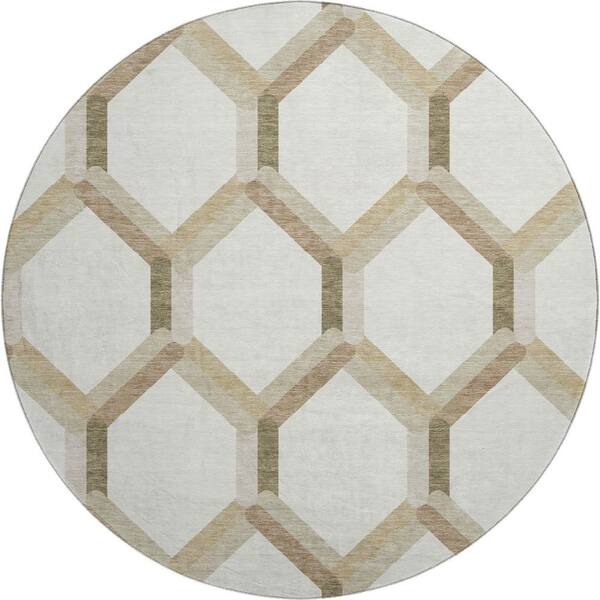Mayfield Premium Machine Washable Abstract AMF2343 Ivory 8 ft. x 8 ft. Round Rug